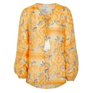 Never Fully Dressed Yellow & White Printed Tie-Neck Button-Down Blouse